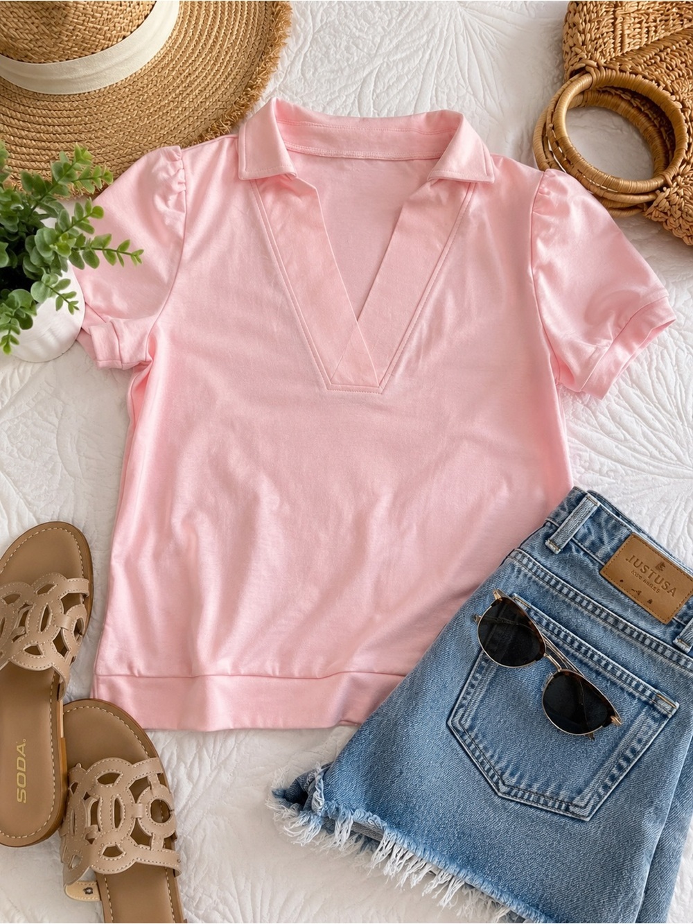 Women’s Blush Pink Collared V Neck Puff Sleeve Knit Top Size Large